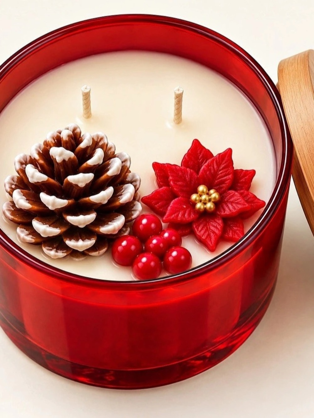 Red Holiday Candle with Wooden Lid